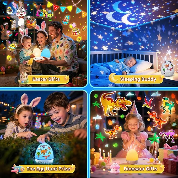 Easter Egg Light for Nursery Sound Machine | 15 Sleeping Sounds+12HD Films+7 Colors+360°Rotating | Easter Gifts for Kids Primal Hatch Dinosaur Egg Night Light for Nursery Boy Toys Hatch Sound Machine