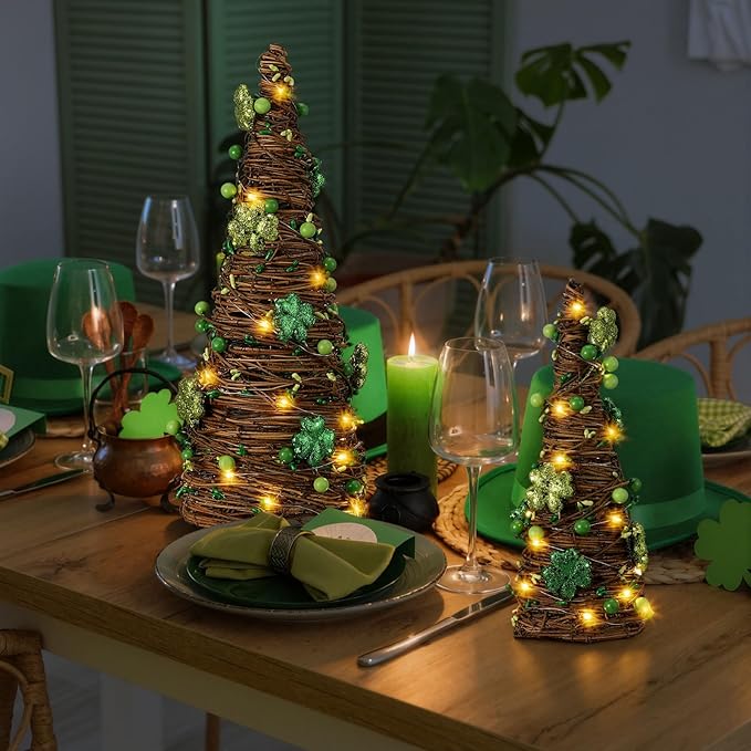 Soulchen 2 Pcs St. Patrick's Day Rattan Cone Tree Table Centerpieces Decorative Rattan Table Tree with Shamrock and Berries LED Lights for Irish Home Shelf Festival Indoor Outdoor Party Decoration