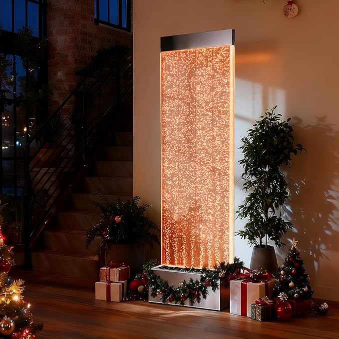 Bubble Wall Waterfall Fountain, Acrylic Indoor Floor Standing Water Wall with Changing LED Color Lights Remote Control, 64" x 19", Housewarming, Christmas Home Decor (Bubble Wall)