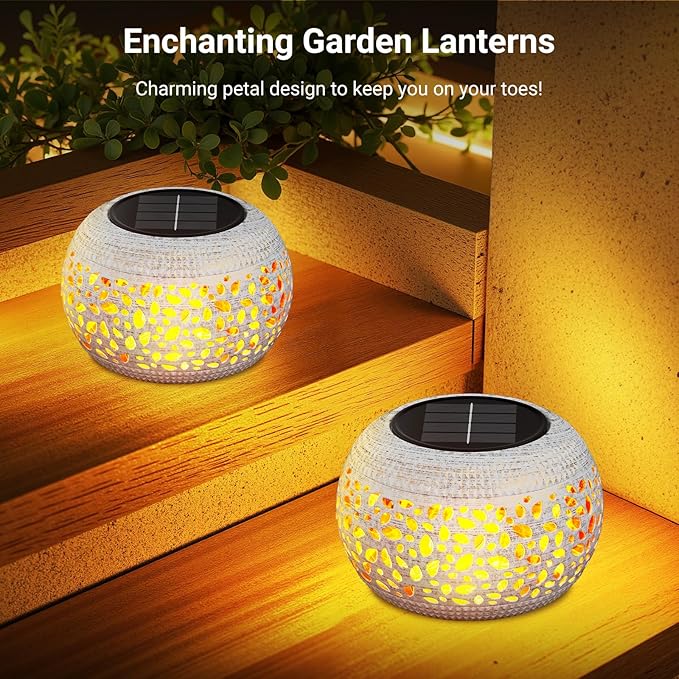 Solar Lanterns Outdoor Waterproof Table Lights: Upgraded Solar Flame Lantern, 2 Lighting Modes White Lantern Flickering Light for Garden Yard Balcony Indoor Tabletop Decor, Gifts for Women