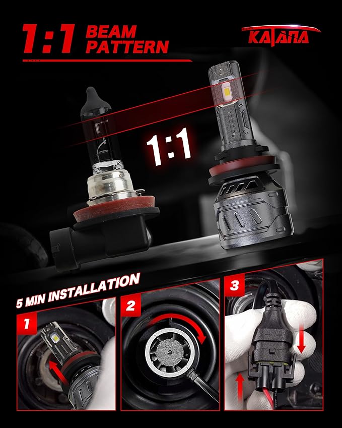 KATANA 9005 H11 Bulbs Combo, 800% Brightness 6500K White Plug and Play Mini Size Fog Bulb Pack of 4