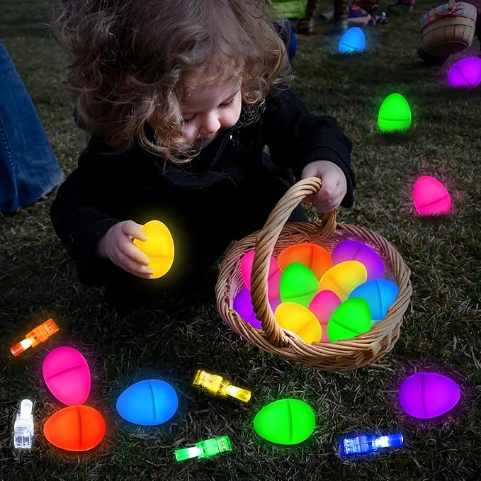 24Pcs Pre filled Easter Eggs with Egg Fillers Finger Lights, Easter Basket Stuffers for Teens Toddler Boys Girls Plastic Easte r Eggs Filled Toys for Kids Party Favors Gifts Glow In The Dark Egg Hunt