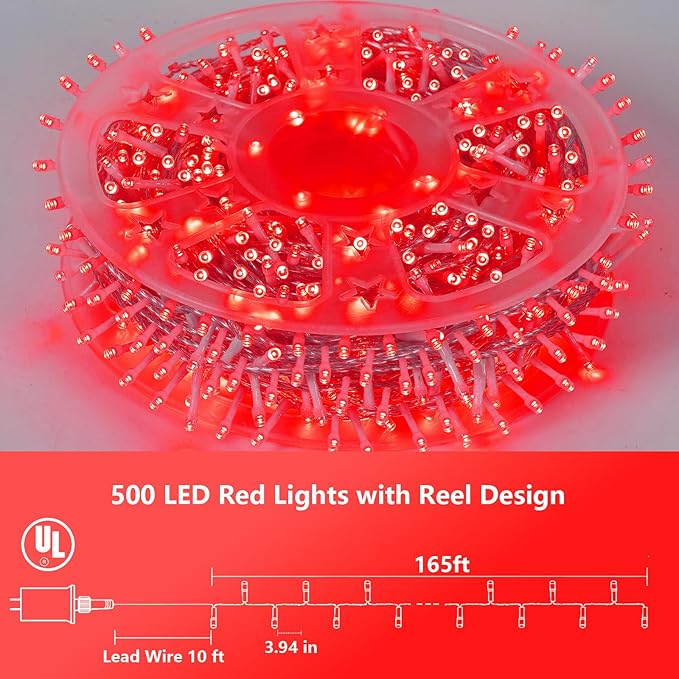 YEGUO 165ft 500 LED Christmas Lights Outdoor Waterproof, Red String Lights Indoor Plug in, 8 Modes Clear Wire for Christmas Holiday Home Tree Garden Patio Decor