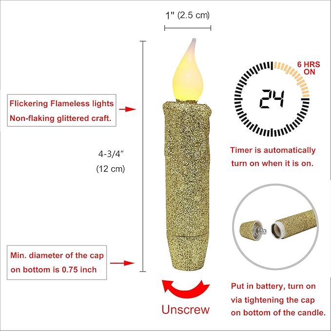 CVHOMEDECO. Glitter Flameless Candles Flickering Battery Operated LED Taper Candles with Timer for Home, Wedding, Halloween, Christmas Decor. Gold, 4-3/4 Inch, Set of 2