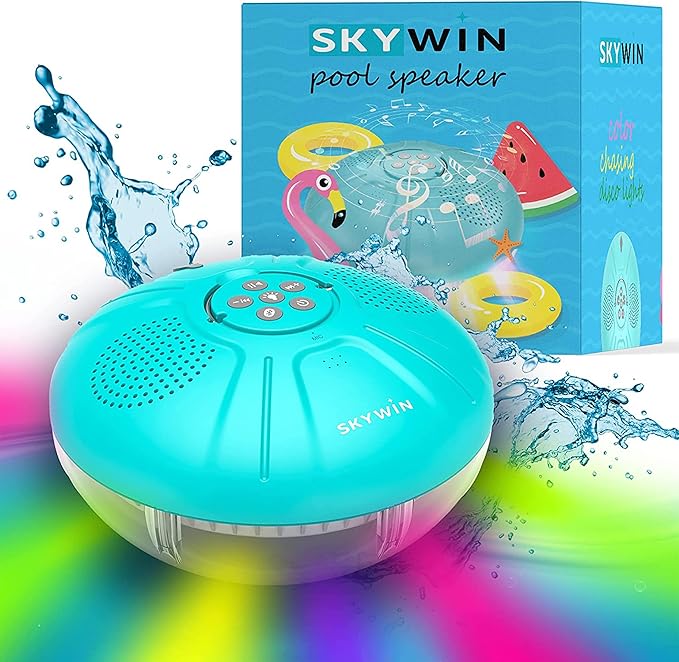 Skywin Floating Pool Speaker with Lights, Wireless Waterproof Bluetooth Speaker for Pool - Dual 5W Sound, Touch Controls, Rechargeable Shower Speaker, Inflatable Hot Tub Accessories for Pool Parties