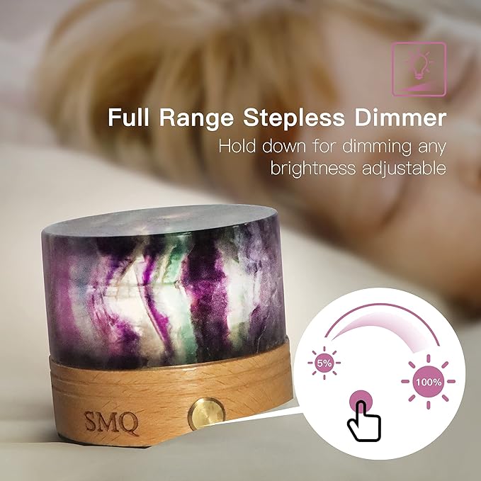 SMQ Rainbow Fluorite Crystal Night Light with USB Charging Port,Handmade Polished Natural Stone Cylindrical Touch Night Lamp with Wooden Base for Living Room,Shelf,Office