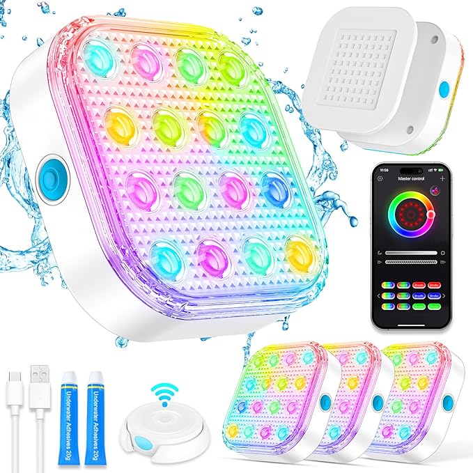 Pool Lights, Rechargeable Smart Magnetic Underwater Light with APP Control, Dimmable IP68 Waterproof 12V Nicheless Light for Aboveground/Inground Swimming Pools, Pool Pond Decoration