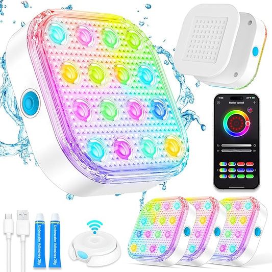 Pool Lights, Rechargeable Smart Magnetic Underwater Light with APP Control, Dimmable IP68 Waterproof 12V Nicheless Light for Aboveground/Inground Swimming Pools, Pool Pond Decoration