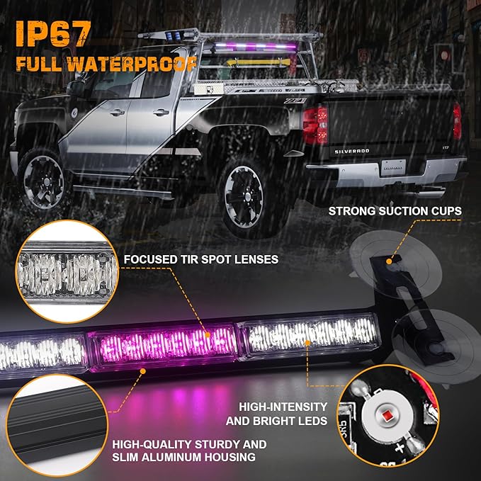 XRIDONSEN 35 inch Purple White Traffic Advisor Light Bar 48 LED Emergency Strobe Lights Safety Warning Lights Front/Rear Window w/Display Controller for Escort Vehicles Trucks SUV