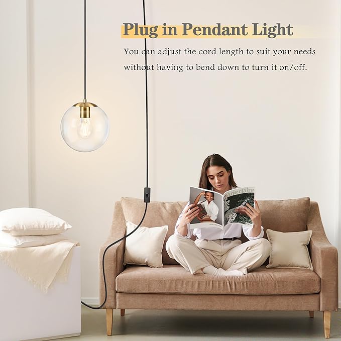 KoKo&Yukina 8" Globe Pendant Light Gold Plug in Pendant Light Adjustable Hanging Lights with Plug in Cord Brushed Gold Finished with Clear Glass Lampshade for Bedroom Kitchen Island（Bulb Included）