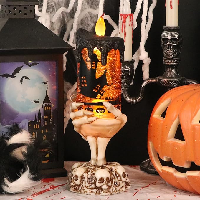 DRomance Halloween Snow Globe Flameless Candle with Timer, Battery Operated Tornado Lamp Skeleton Hand Candle Holder Yellow Light Glittering Spinning Water Halloween Table Decor(Bats, 4" x 10")
