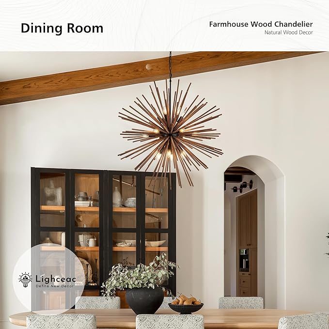 37.4" Farmhouse Sputnik Chandelier for Dining Room Rustic Handmade Natural Wood 18-Light Hanging Ceiling Pendant Light Fixture Starburst Wood Chandeliers for Kitchen Bedroom Foyer Hallway