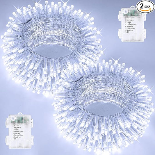 2 Pack Christmas String Lights Battery Operated with Timer, 66FT 200 LED Waterproof Twinkle Lights, 8 Modes Fairy Light for Indoor and Outdoor Bedroom Garland Tree Christmas Decorations (Cool White)