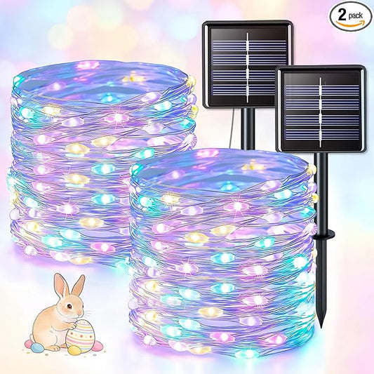 JMEXSUSS 2 Pack Solar String Lights Outdoor Waterproof, Each 100 LED 33FT Solar Fairy Lights Outdoor, 8 Modes Pastel Light for Outside Tree Patio Yard Party Easter Day Decorations