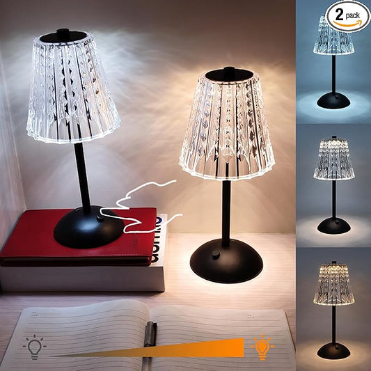 Cordless Table Lamp, 4000mAh Rechargeable Battery Operated Lamp, 3 Color Modes & Stepless Dimmable LED Touch Lamp, Portable Crystal Metal Beside Lamps for Bedroom Restaurant(Black 2 Pack)
