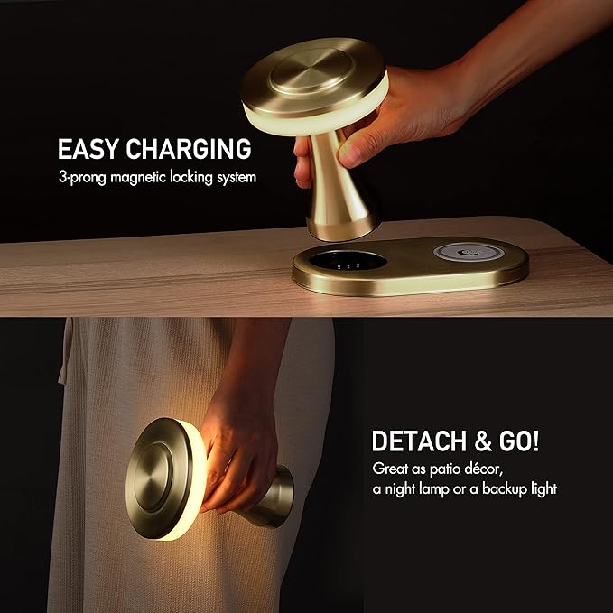 O’Bright - Portable LED Table Lamp with Wireless Charging Pad, Dimmable and Rechargeable Night Lamp, Ambient Light for Patio/Restaurant/Nursery, Bedside Nightstand Lamp, Gold