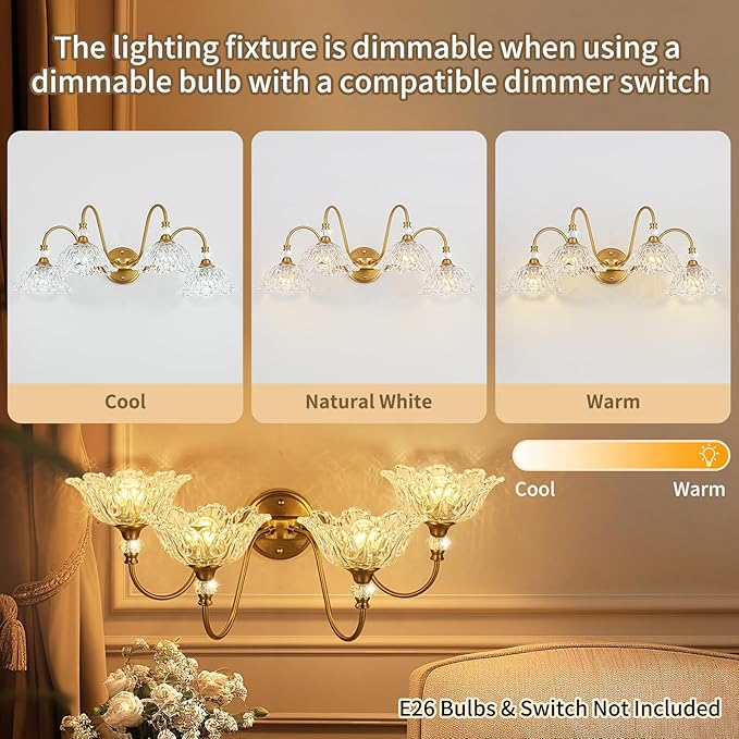 Vintage Matte Brass Finish Bathroom Vanity Light, 4-Light Vanity Light with Floral Glass Shades, Retro Wall Mount Lighting for Bathroom, Dressing Table