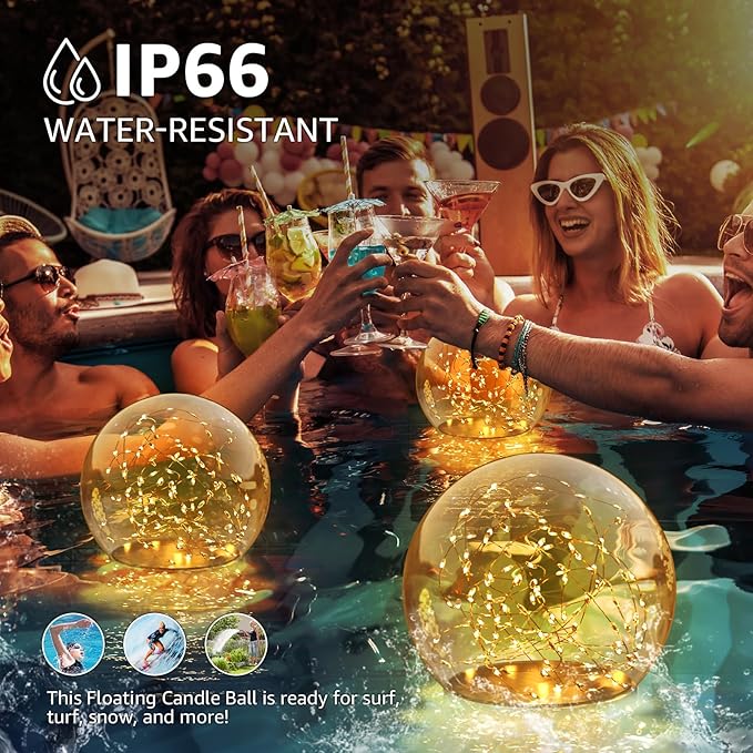 2-Pack 7.4x7.3 Solar Floating Pool Lights Ball Outdoor Water-Resistant IP66 Solar-Powered That Float Candles Flickering Lights for Swimming Pool Decor Pond Garden Party