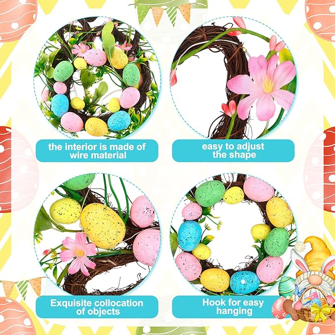 Hotop 2 Pcs Easter Bunny Spring Wreath with 20 LED Lights 23.6'' Easter Rabbit Door Wreath with Bow Eggs Hanging Bunny Wreaths for Front Door Easter Door Hanger for Spring Outdoor Wall Home Decoration
