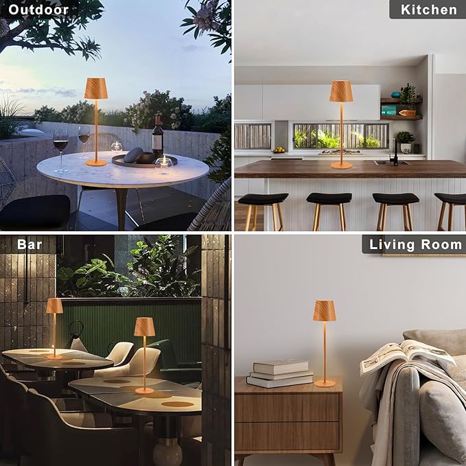 Cordless Table Lamp Rechargeable - Wood Grain 2 Pack 5000mAH Battery Operated Lamp for Counter, 3 Color Stepless Dimming Waterproof LED Wireless Lamp for Dining Kitchen, Outdoor Patio, Touch Control