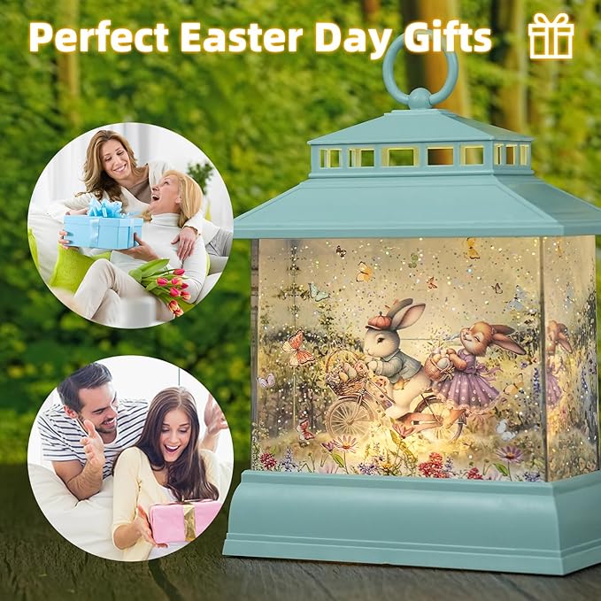Easter Snow Globe Lantern Easter Decorations for The Home, Light up Easter Bunny Egg Decor with Timer, Glitter Spring Decorations Gift Holiday Table Top Decor