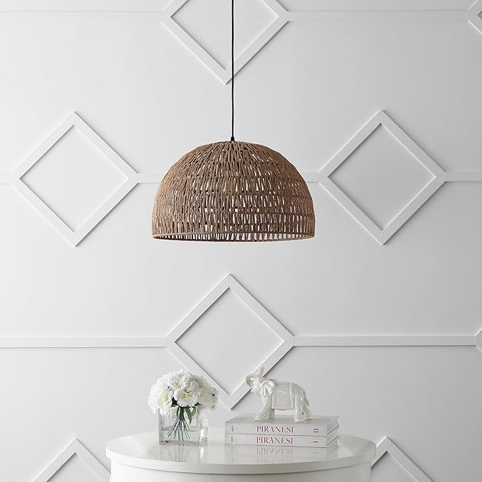 JONATHAN Y 20" Brown Modern Bohemian Woven Rope LED Pendant Light Fixture, Adjustable Dome Ceiling Lamp for Kitchen Island, Rope Shade, Coastal Farmhouse Decor (JYL6504F)