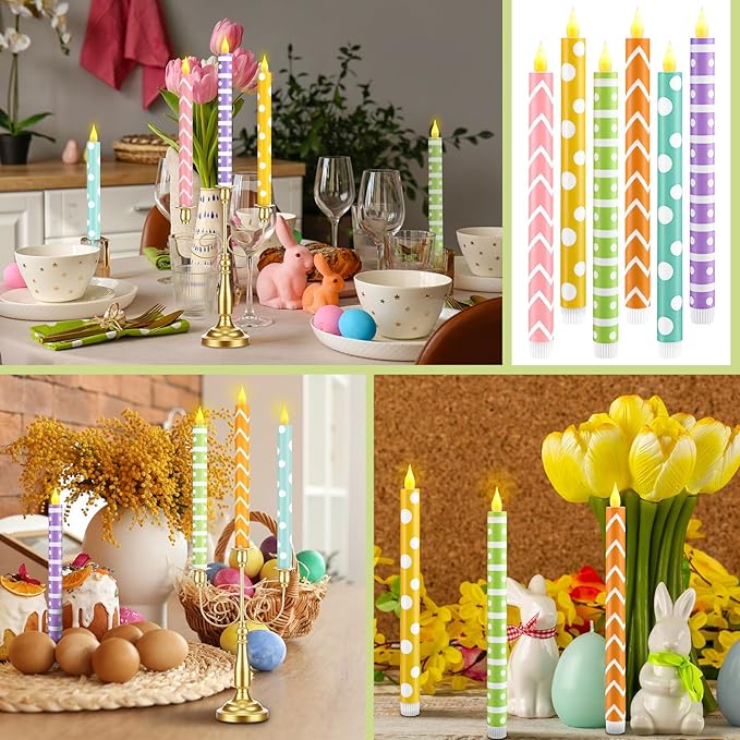 Honoson 6 Pcs Easter Flameless Taper Candles 10.6 Inch Colorful Candles Battery Operated LED Candlesticks for Easter Dinner Table Home Party Decor