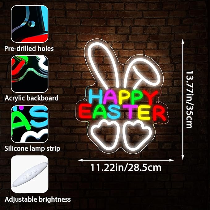 Happy Easter Neon Sign for Wall Decor Easter Bunny Neon Light for Man Cave Kids Bedroom Rabbit LED Light for Birthday Spring Festival Decoration for Nursery Girls Bedroom Size13.8 * 11.2 Inch(P038)