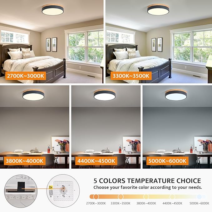 Dimmable Wood LED Flush Mount Ceiling Light, 5CCT 2700K-6000K Modern Round Close to Ceiling Lighting Fixtures, Minimalist Grey Ceiling Lamp for Bedroom, Kitchen, Laundry Room, Hallway