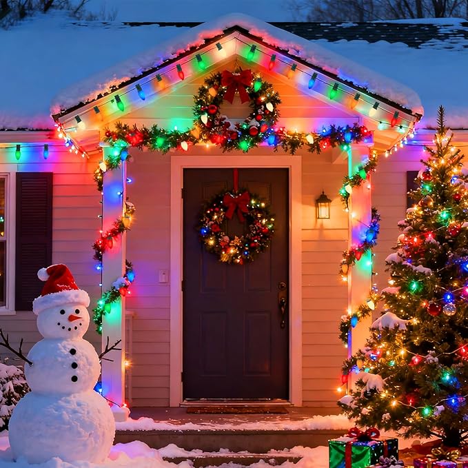 C9 Ceramic Multicolor Christmas String Lights, 25FT Vintage Christmas Lights Green Wire with 25+1 Multicolored C9 Light Bulbs, Hanging String Light for Xmas Tree Home Yard Party Decor, 7W, E17 Base