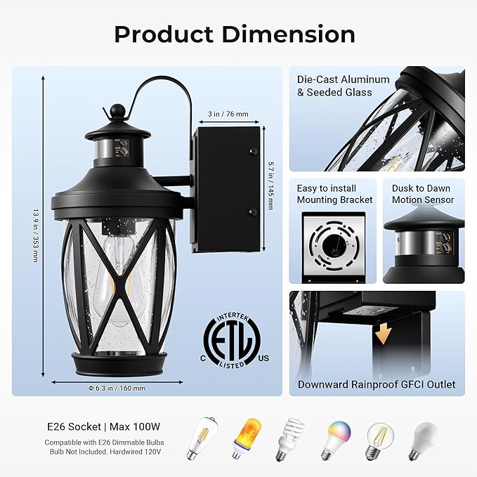 Motion Sensor Outdoor Wal Light with GFCI Outlet, 2-Pack Black Exterior Lighting Fixtures with Outlet, Waterproof Outdoor Lanterns for Porch with Seed Glass, E26 Exterior Garage Sconce Lights