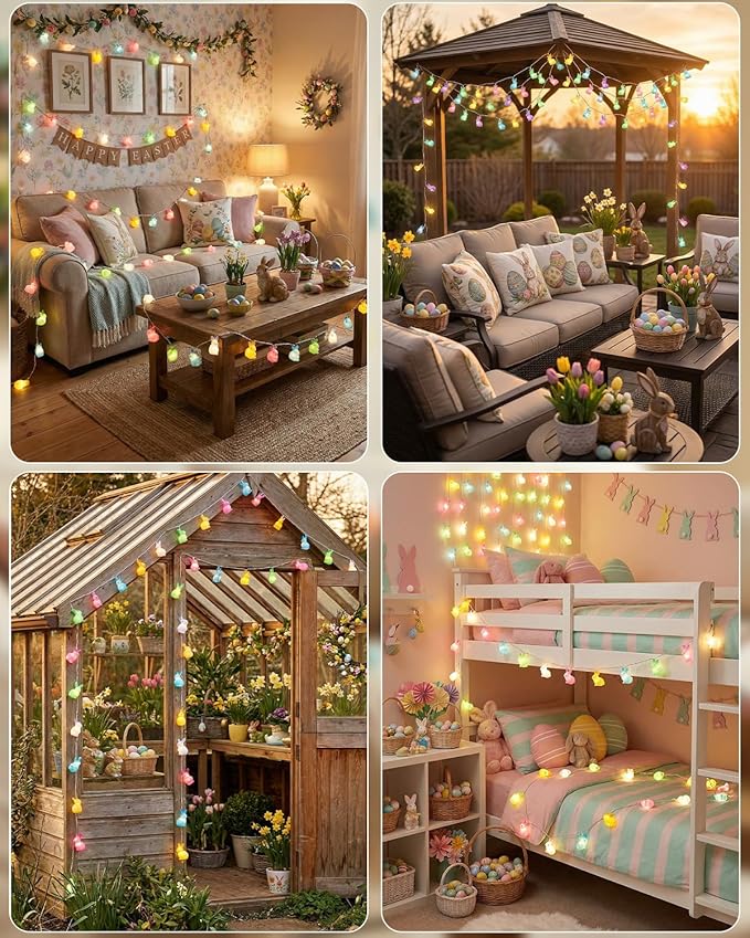 SUNSGNE Easter Cute Rabbit String Lights Bunny Fairy Lights, 8.5ft Easter Bunny Ornaments String Lights with 10 Multicolor Bunny Lights for Outdoor Indoor Room Bedroom Wall Home Decoration
