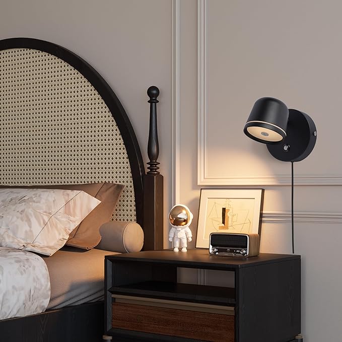 Aisilan Plug in Wall Sconce, Dimmable LED Wall Light with Switch, 7W Adjustable Anti-Glare Bedroom Sconce, Matte Black Aluminum Wall Lamp for Living Room & Bedside