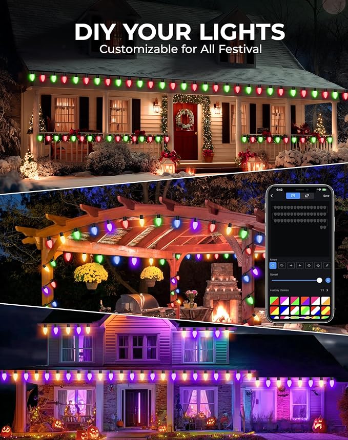 Smart C9 Christmas Lights Outdoor RGB, 66Ft 100 LEDs Dynamic C9 String Lights DIY Chasing Effects APP Remote Controlled, Waterproof, Music Sync, Connectable Tree Lights for Roofline Fence Decoration