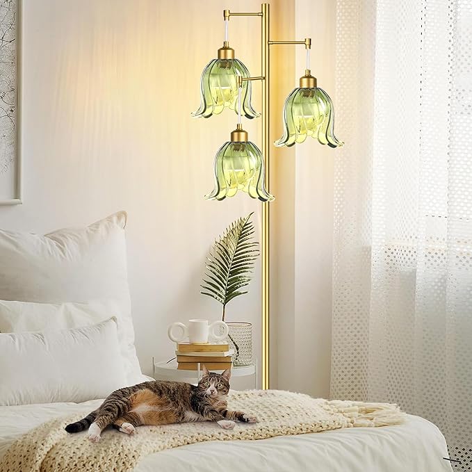 Gold Floor Lamp for Living Room,Bedroom,Tree 3 Light Standing Lamp Mid Century Modern Brass Tall Floor Lamps Vintage Retro Floor Lights Green Glass Flower Lamp Shade Farmhouse Boho Bohemian