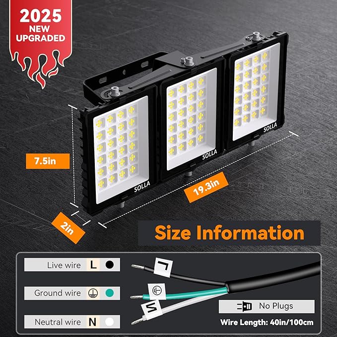 300W 2024 Plus New Upgraded LED Outdoor Flood Light, 30000LM 6000K Daylight White IP66 Waterproof, Stadium Lights, 3 Heads Adjustable Outdoor Floodlight Security Lights for Yards, Patios, Street