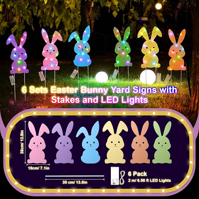 Novabright 6 Pcs Easter Bunny Yard Signs Colorful with Stakes, Outdoor Garden Bunny Lawn Signs with 39ft LED Lights Rabbit Happy Easter Decorations for Home Spring Props Party Supply