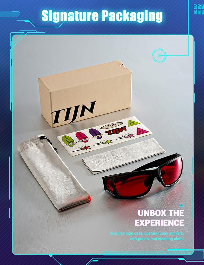 TIJN Sonia Sleep Glasses for Blue & Green Light Blocking,Red Lens with Dual AR Coating,Wraparound Frame for Gaming Screen