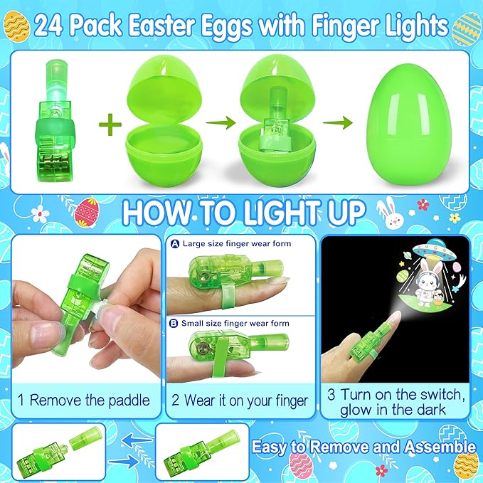 24 Pack Easter Eggs Fillers, Animal Astronaut Easter Finger Light for Kids, Glow in the Dark Easter Eggs Bulk Hunt Toy Prizes, Basket Stuffers Party Favor for Kids Boys Girls