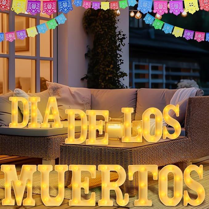15 Pcs Day of The Dead Decorations Dia De Los Muertos Large LED Letter Signs LED Lights Battery Powered Table Decorations for Mexican Fiesta Party