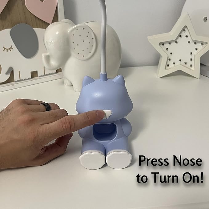 Cute Cat LED Desk Lamp with Phone Stand – Flexible Gooseneck, Rechargeable Battery, Small Organizer Compartment – Night Light for Kids' Rooms or Nursery (Blue)