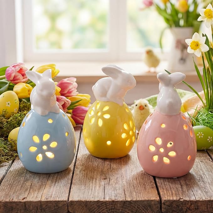 Frienda 3 Pcs Easter Ceramic Bunny Figurine Easter Egg 5 Inch LED Light up White Bunny with Egg Luminous Lighted Decorative Eggs for Table, Spring Rabbit Farmhouse Rustic Decoration