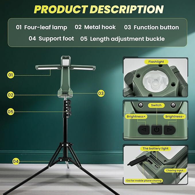 Portable Camping Light with Stand 67'' Rechargeable Work Light - 6500Lumen, 20000mAh Battery, 2700K-6000K Dimmable Camping Lattern with Magnetic Base for Camping, Garage, Emergency