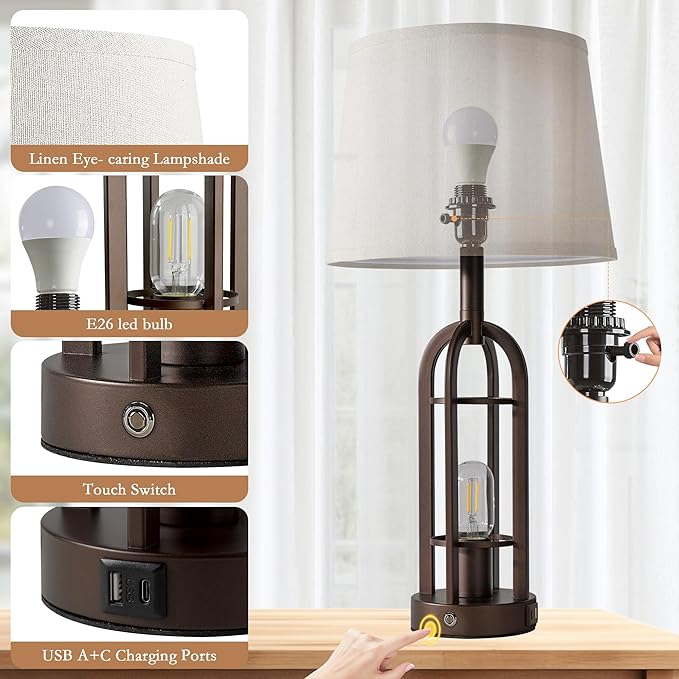 24" Table Lamps for Living Room Set of 2, Rustic Farmhouse 3-Way Dimmable Touch Industrial Bedside Lamps with USB A+C for Bedroom Nightstand，4 Bulbs Included