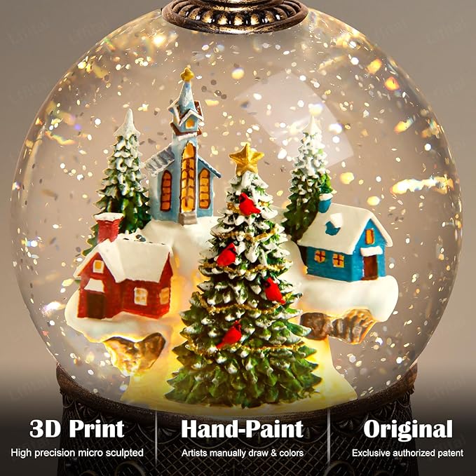 Christmas Snow Globes Village Snow Globe Lantern, Lighted Christmas Decorations Indoor for Home with Music Timer Glitter, Mountain Church, Musical Festival Gifts, USB & Battery Operated
