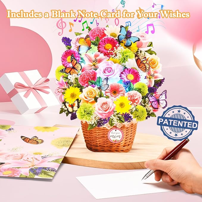 Pop Up Mother's Day Card with Music & Lights, 3D Butterfly Flower Basket Greeting Cards, Elegant Floral Happy Mothers Day Keepsake Gift with Envelope for Mother Wife from Son Daughter Husband