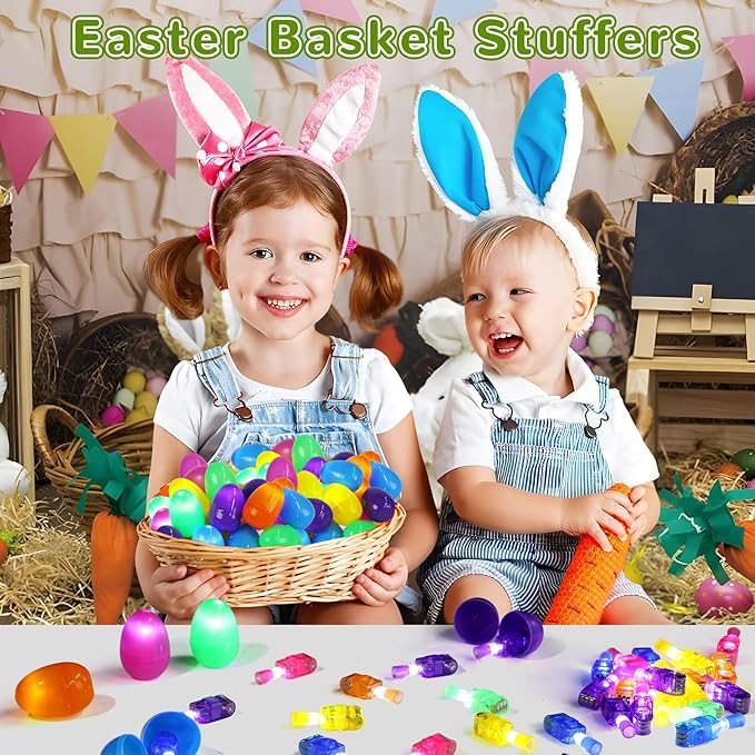 36 Pcs Prefilled Easter Eggs with Light up Finger Lights Toys, Easter Basket Stuffers Party Games, Goodie Bag Fillers, Easter Egg Hunt Party Favors for Boys & Girls