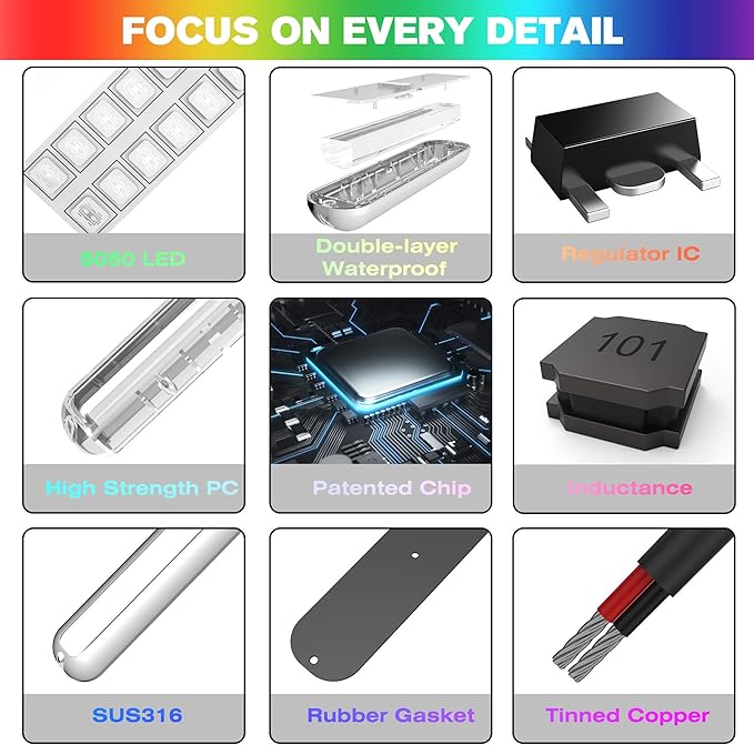 HUSUKU GT1 Underwater Boat LED Lights Marine Color Light Kit, 6.7" 2000LM RGB IP68 36LED 12V~24V 316 316 Stainless, Wireless Grouping & Control Auto Sync, Multi Color Light for Yacht Boat Deck Pontoon