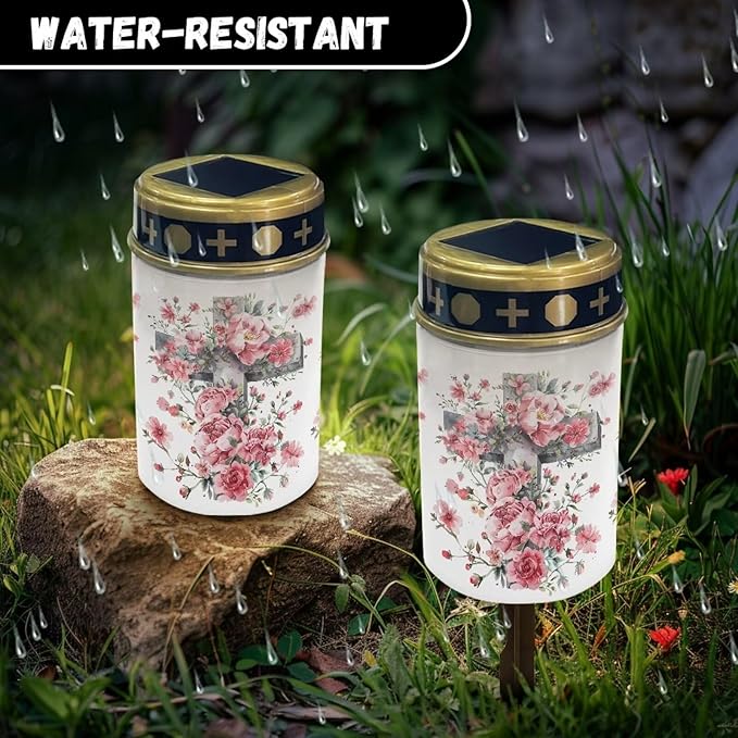 Cemetery Solar Lights Waterproof Solar Powered Grave Lights Cross and Flower Grave Solar Lights Garden Cemetery Decor Memorial Gift