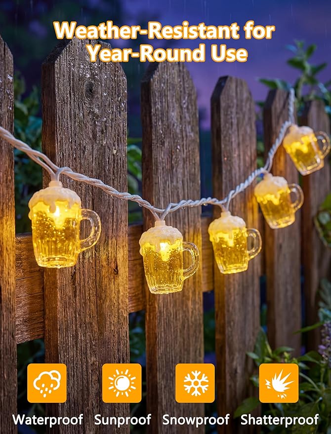 LED Beer Mug String Lights for Patrick's Day, 8.5Ft Tropical Beach Theme Fairy Lights Plug in with 10 3D Beer Cup Bulbs, Summer Hawaiian Outdoor Decor for Camping Tent Holiday Party Garden